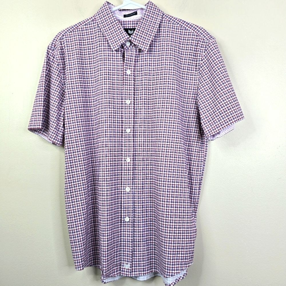 Buttercloth Icy Cotton Slim Fit Gingham Printed Short Sleeve Button Down Large